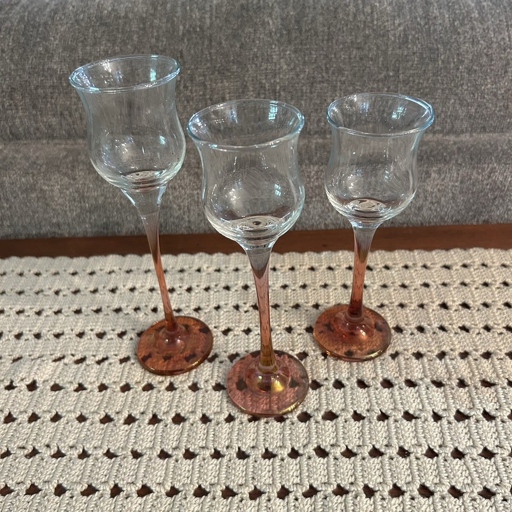 Smith Glass Iridescent Graduated Candle Holders Set of 3 Tulip Stem Clear Amber